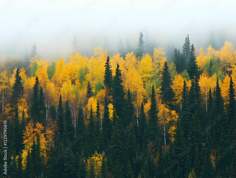 Misty autumn forest hillside Misty autumn forest hillside