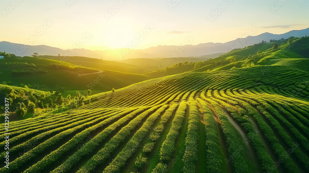 Fototapeta premium breathtaking view of tea plantation at sunrise, showcasing lush green hills and rows of tea plants. golden light enhances serene landscape, creating peaceful atmosphere
