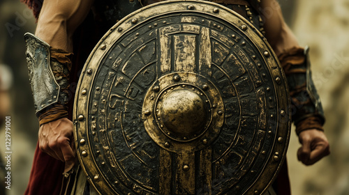 A gladiator holding a shield in front of them, the intricate design worn and scratched from countless battles photo