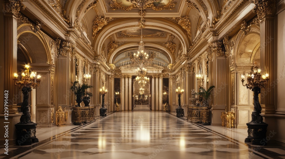 Fototapeta premium A grand hallway with a polished marble floor and luxurious gold decor.