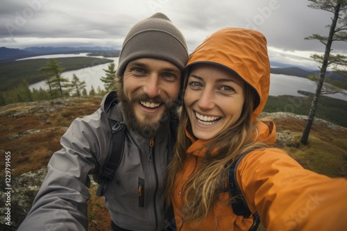 Young couple in mackintosh stands beaming with joy in free nature. behind Nordic landscape and forest, hiking, outdoor, happy, AI generated photo