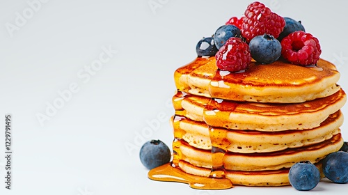 Delicious Pancakes with Fresh Berries and Syrup for Breakfast photo