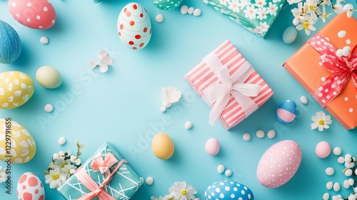 Festive Easter celebration with colorful eggs and beautifully wrapped gifts on a bright blue background