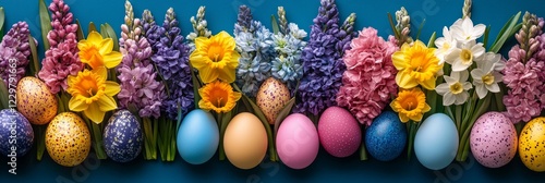 Colorful flowers and decorated eggs create a vibrant Easter display on a blue background