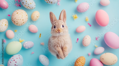 Cute rabbit surrounded by colorful Easter eggs on a bright blue background during spring celebration