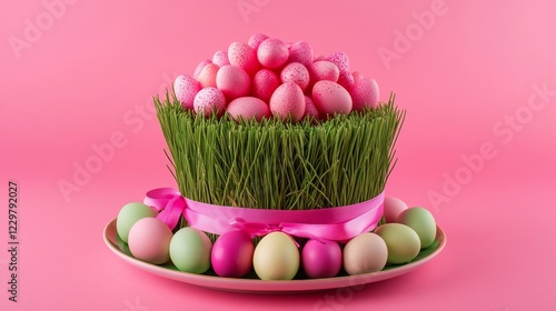 Festive decorative cake topped with pink eggs and grass on a pastel plate for a joyful celebration