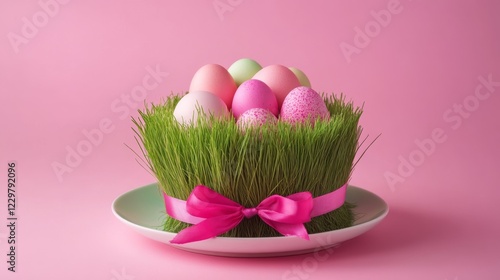 Colorful Easter eggs nestled in green grass centerpiece with pink ribbon on pink background