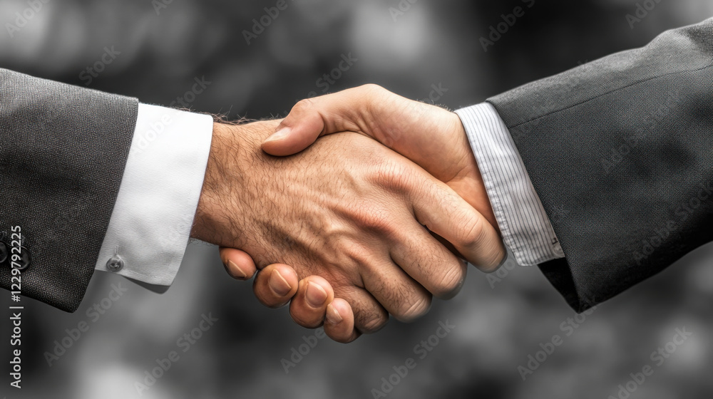 Two business professionals engage in a handshake to signify agreement during an outdoor meeting in a corporate setting Two business professionals engage in a handshake to signify agreement during an outdoor meeting in a corporate setting
