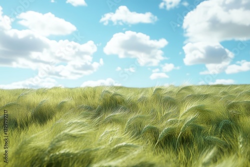 Breezy wheat field under a clear blue sky with fluffy white clouds and ample copy space for text or graphics. Generative AI photo