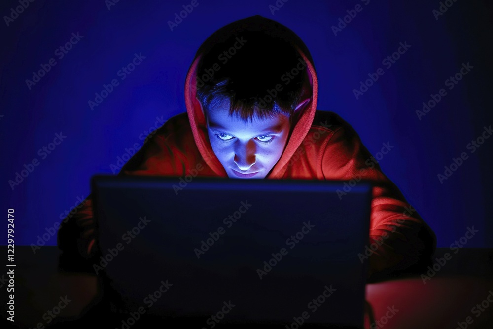 A teenager about 13 years old sits at his laptop at night, face illuminated by the display of the laptop, malicious look, AI generated A teenager about 13 years old sits at his laptop at night, face illuminated by the display of the laptop, malicious look, AI generated
