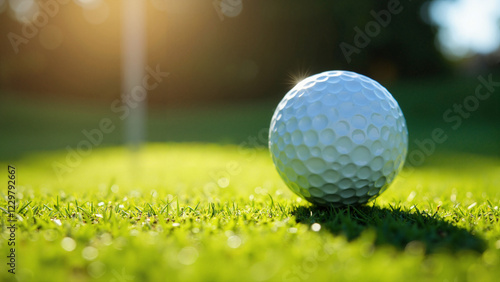 A pristine golf ball on a lush green putting green under soft sunlight, ideal for golf course marketing, sporting goods ads, and golf lifestyle content. photo