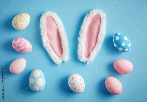 Colorful Easter eggs and bunny ears arranged on a bright blue background create a festive spring atmosphere