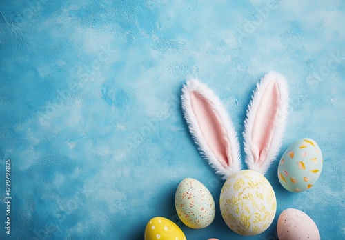 Colorful Easter eggs arranged with fluffy bunny ears on a vibrant blue background for spring celebrations
