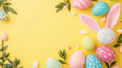 Colorful Easter eggs and bunny ears decorated for spring celebration on vibrant yellow background