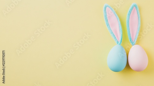 Colorful Easter eggs with bunny ears placed on a bright yellow background for festive decorations during spring