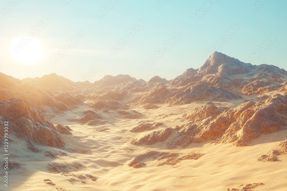 Naklejka premium Golden dunes stretch across a tranquil desert landscape under a clear sky at sunset. Generative AI
