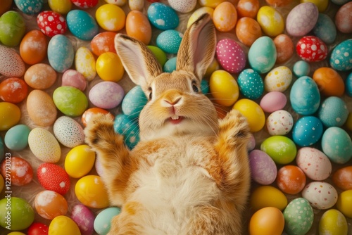 Cute rabbit surrounded by colorful Easter eggs in a festive spring setting celebrating the holiday season