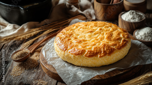 Freshly baked cheese bread sits on rustic wooden table with ingredients beside it photo