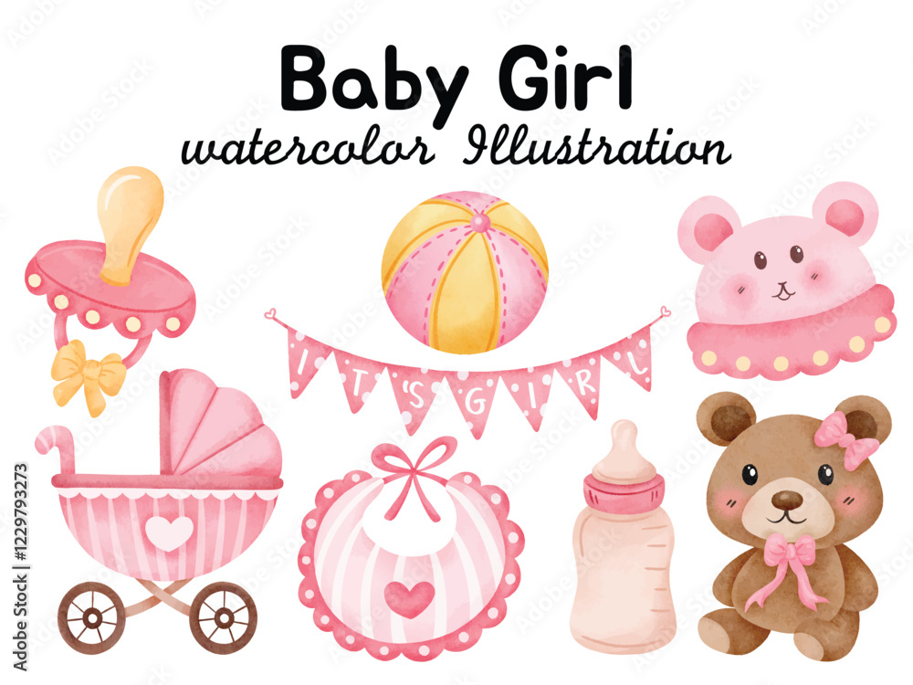 Fototapeta premium Watercolor Baby Girl Elements Set - Hand-Painted Pink Theme with Stroller, Toys, and Accessories