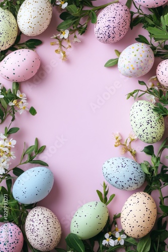 Colorful easter eggs surrounded by flowers and greenery on a light pink background for spring celebration