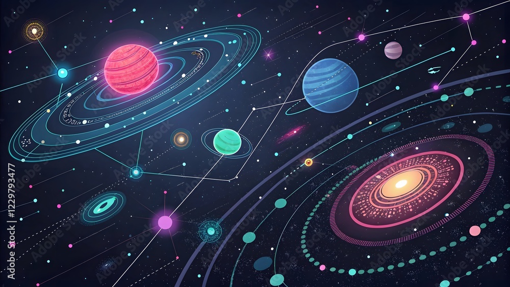 Colorful Solar System Illustration with Planets and Stars in Space Colorful Solar System Illustration with Planets and Stars in Space