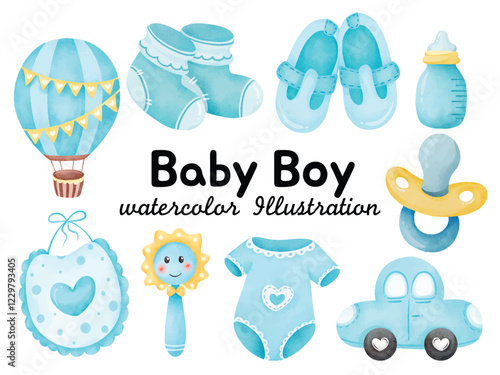 Watercolor Baby Boy Illustration - Hand-Painted Blue Themed Baby Shower Clipart with Shoes, Bottle, Onesie, and Pacifier