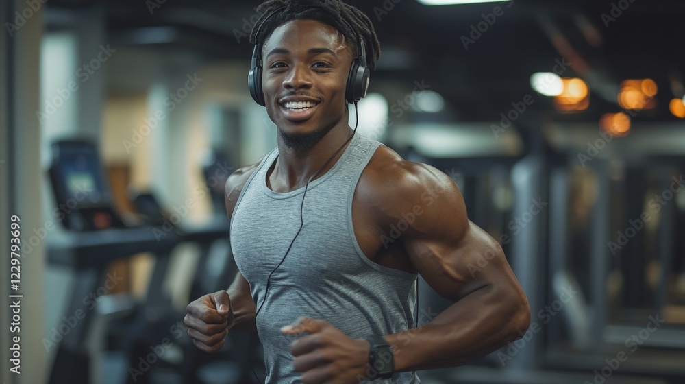 Fototapeta premium Athletic man running on a treadmill in a gym with headphones on. Suitable for fitness, gym ads, and active lifestyle campaigns targeting young, health-conscious audiences.