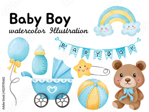 Watercolor Baby Boy Illustration - Hand-Painted Blue Themed Baby Shower Clipart with Teddy Bear, Stroller, Bottle, and Balloon