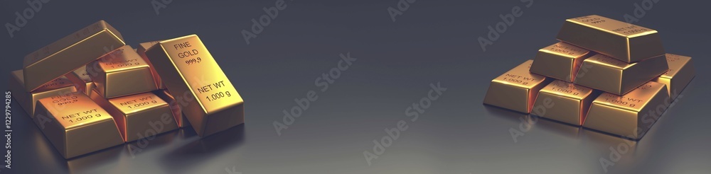 Stacked fine gold bars on a dark background, 3d rendering, financial concept panorama Stacked fine gold bars on a dark background, 3d rendering, financial concept panorama