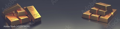 Stacked fine gold bars on a dark background, 3d rendering, financial concept panorama