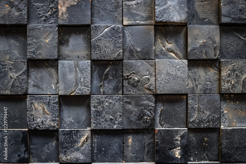 
Dark textured geometric pattern with black 3D square tiles. Abstract luxury background with rough stone texture, metallic accents, and deep contrast. Perfect for modern interior design, digital art, 