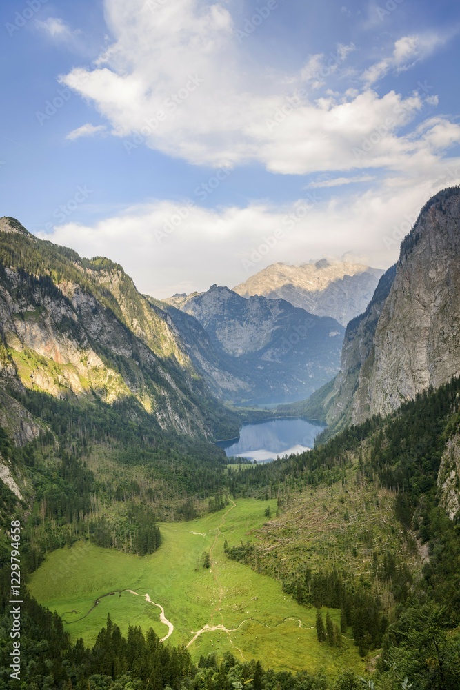 View from the Rothsteig to Lake Obersee, in the back Lake Königssee, Alps, mountain landscape, Berchtesgaden National Park, Berchtesgadener Land, Upper Bavaria, Bavaria, Germany, Europe View from the Rothsteig to Lake Obersee, in the back Lake Königssee, Alps, mountain landscape, Berchtesgaden National Park, Berchtesgadener Land, Upper Bavaria, Bavaria, Germany, Europe