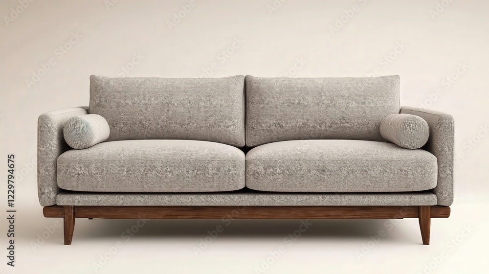 A modern, minimalist two-seater sofa with a wooden frame and grey upholstery, featuring two seat cushions, two back cushions, and two side cushions, set against a plain white background. A modern, minimalist two-seater sofa with a wooden frame and grey upholstery, featuring two seat cushions, two back cushions, and two side cushions, set against a plain white background.