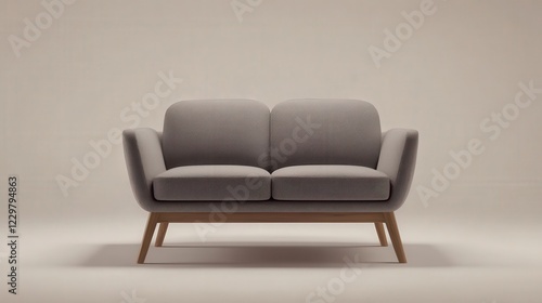 A modern, minimalist two-seater sofa with a wooden frame and grey upholstery, featuring two seat cushions, two back cushions, and two side cushions, set against a plain white background.