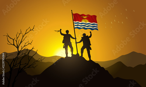 Kiribati flag, silhouette of two climbers holding a flag at sunset over the mountain