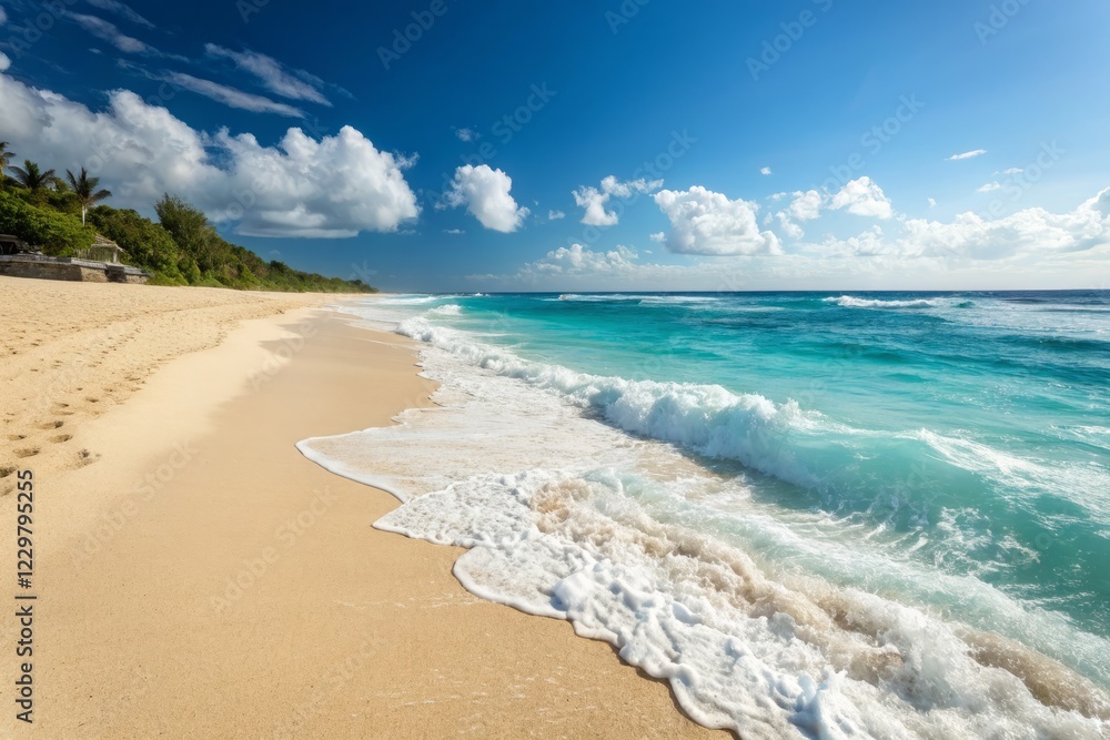 Obraz premium Dramatic Sunny Beach: Pristine Coastline, Deep Depth of Field Stock Photo