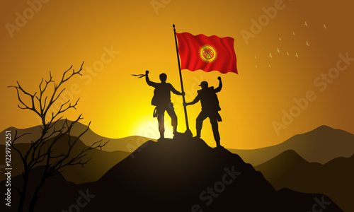 Kyrgyzstan flag, silhouette of two climbers holding a flag at sunset over the mountain