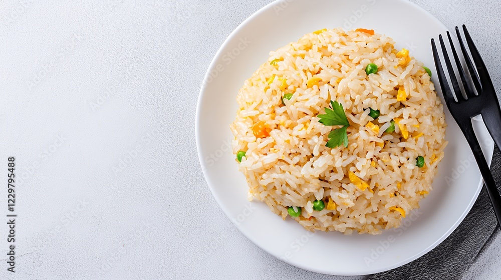 Delicious Vegetable Fried Rice with Parsley Garnish on White Plate Delicious Vegetable Fried Rice with Parsley Garnish on White Plate