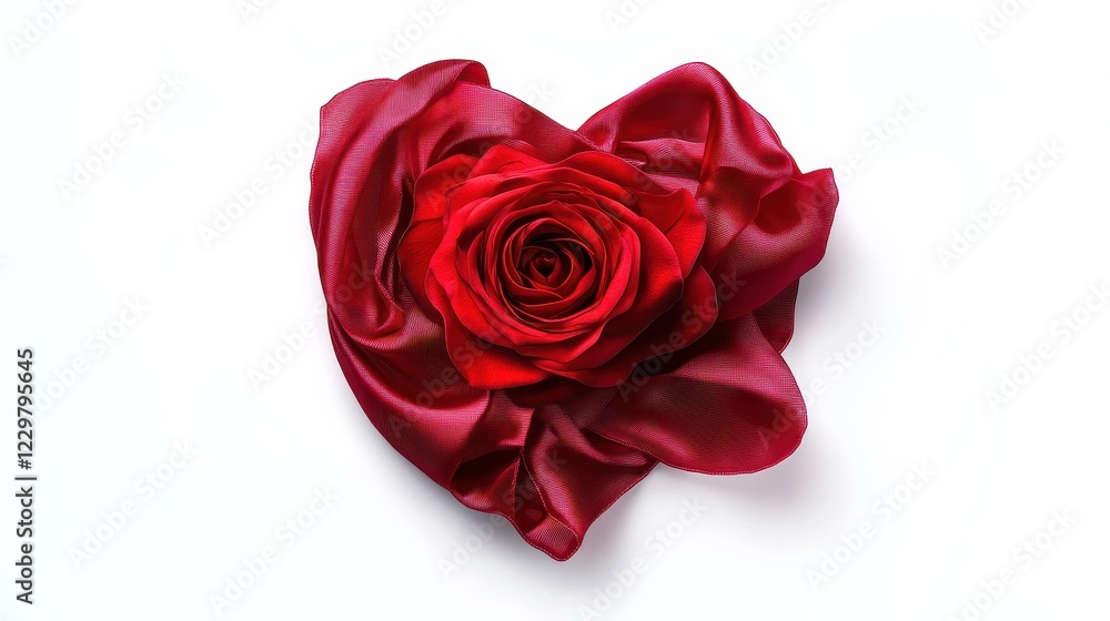 A red silk ribbon forming a heart shape with a rose at its center, elegant love symbol, photorealistic, isolated on white background A red silk ribbon forming a heart shape with a rose at its center, elegant love symbol, photorealistic, isolated on white background