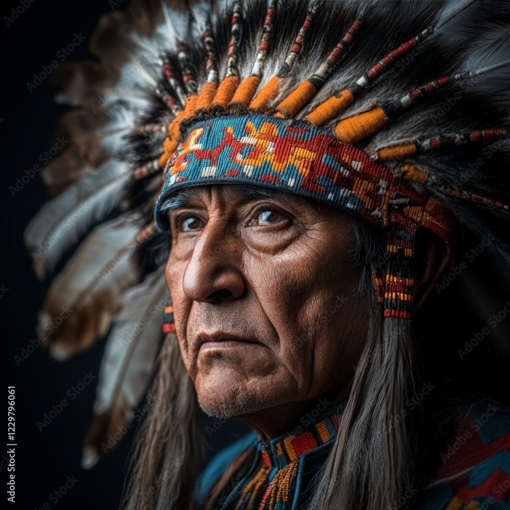 Obraz premium Traditional chief wearing an intricate feathered headdress. Ideal for cultural, historical, or artistic projects celebrating heritage and craftsmanship.