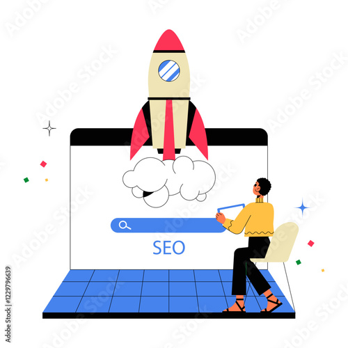 SEO Optimization And Website Ranking With Rocket Launch In Flat Vector Illustration Symbolizing Digital Marketing, Search Engine Growth, And Online Visibility, Isolated On White Background