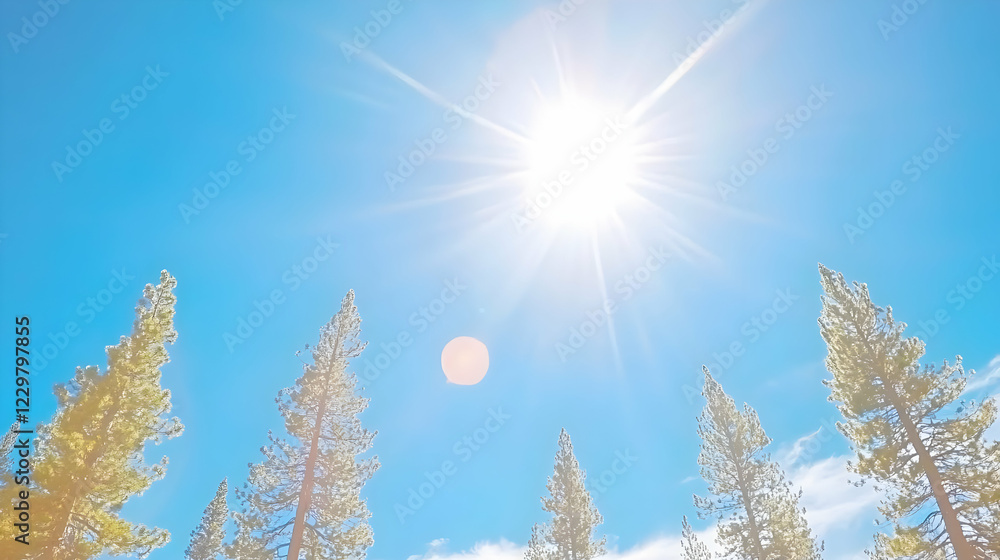 Sunny day, pine trees, clear sky, mountain landscape, nature background Sunny day, pine trees, clear sky, mountain landscape, nature background