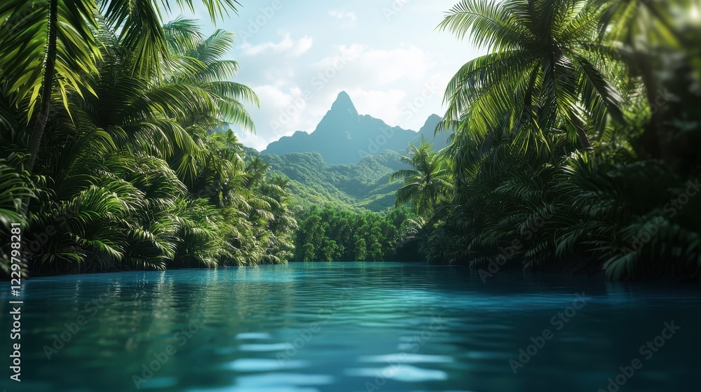 A serene tropical landscape featuring lush greenery, a tranquil blue river, and distant mountains under a bright sky. A serene tropical landscape featuring lush greenery, a tranquil blue river, and distant mountains under a bright sky.