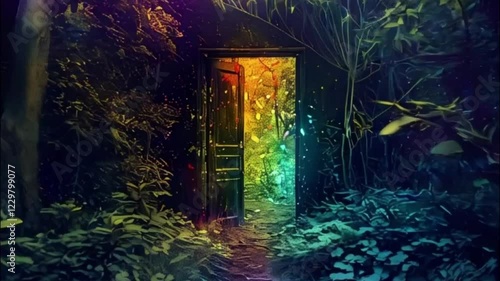 Fantastically beautiful door in wild forest leading to deep unknown, abstract vivid composition consists of fictional unreal fantastic vision on background