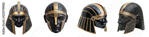 Collection of ornate and elaborately designed ceremonial warrior helmets from ancient cultures civilizations and mythological traditions  These symbolic and iconic headpieces reflect the history photo