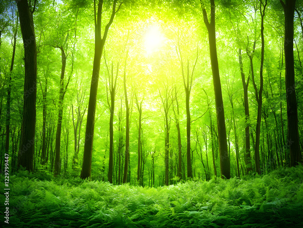 Naklejka premium Sunlit forest path, green foliage, nature backdrop, peaceful scene