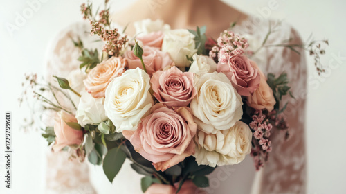 Beautiful bouquet of pink and white roses held by a bride in a delicate lace dress during a wedding ceremony