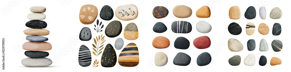 Fototapeta premium Stacked and arranged rocks pebbles and stones in a serene minimalist zen like composition This tranquil natural scene can be used for meditation wellness relaxation and spa related concepts