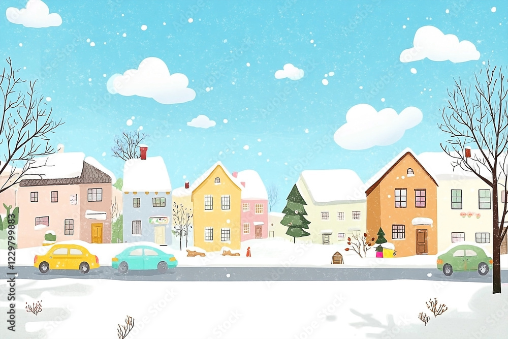 A winter scene with colorful houses covered in snow and cars parked along the street A winter scene with colorful houses covered in snow and cars parked along the street