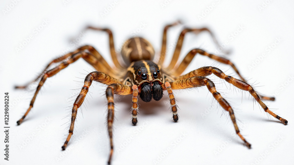 Close-Up of a Brown Spider on White Background, Ideal for Educational Materials, Pest Control Articles, Nature-Themed Advertising, and Eco-Conscious Branding Close-Up of a Brown Spider on White Background, Ideal for Educational Materials, Pest Control Articles, Nature-Themed Advertising, and Eco-Conscious Branding
